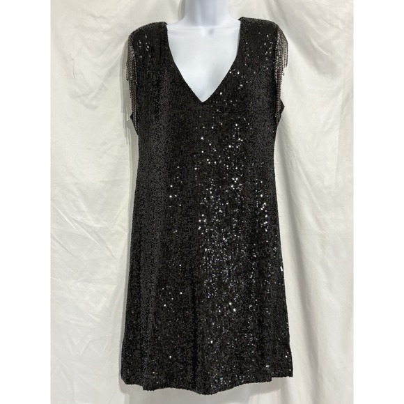 Betsey Johnson Dresses & Skirts - Betsy Johnson Black Sequined Cocktail Mini Dress Women's Size XL Beaded Fringe